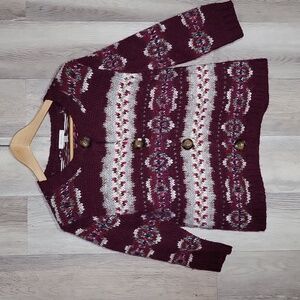 Garnet Hill Womens S Knit Burgundy Grey Alpaca Wool Button Front Stripe Cardigan